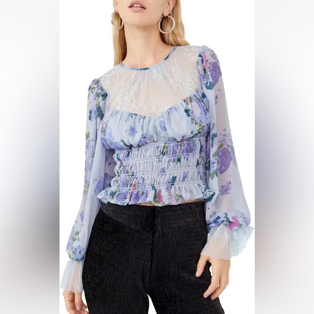 🎉HOST PICK🎉FREE PEOPLE Daphne Floral & Lace Peasant Top, Medium, NWT - Picture 5 of 12